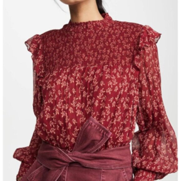 FREE PEOPLE Red Berry Roma Boho Floral Smocked Long Sleeve Blouse XS - Picture 2 of 16